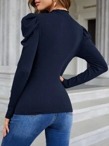 SHEIN Privé Gigot Sleeve Button Detail Top - Navy Blue - View 2