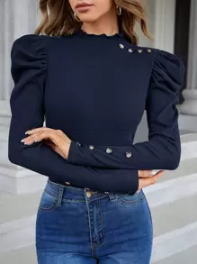 SHEIN Privé Gigot Sleeve Button Detail Top - Navy Blue - View 3