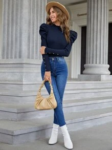 SHEIN Privé Gigot Sleeve Button Detail Top - Navy Blue - View 4