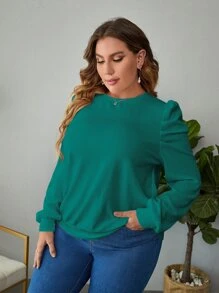 SHEIN Clasi 大碼素色泡泡袖運動衫 - 青碧色 - 查看 3