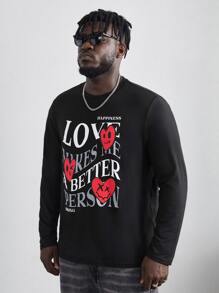 Manfinity Men Plus Slogan & Cartoon Face Print Tee - Black - View 3