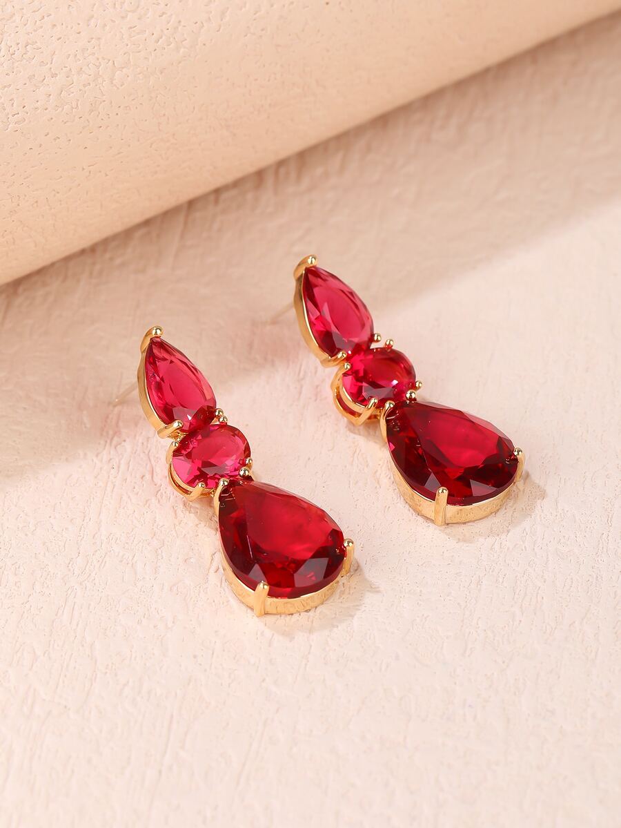 1 Pair Of Fashionable Luxury Cubic Zirconia Water Drop Long Earrings For Women With Fashion Dress Dangle Earrings Holiday Birthday Gift - Red - View 1