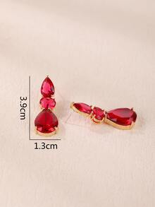 1 Pair Of Fashionable Luxury Cubic Zirconia Water Drop Long Earrings For Women With Fashion Dress Dangle Earrings Holiday Birthday Gift - Red - View 3