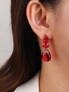 1 Pair Of Fashionable Luxury Cubic Zirconia Water Drop Long Earrings For Women With Fashion Dress Dangle Earrings Holiday Birthday Gift - Red - View 4