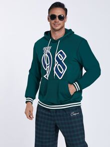 Manfinity Hombres Capucha con estampado de letra ribete de rayas con cordón - Verde - Ver 3