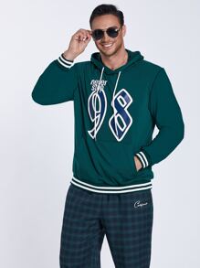 Manfinity Hombres Capucha con estampado de letra ribete de rayas con cordón - Verde - Ver 4