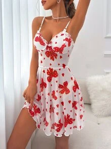 Bow & Polka Dot Print Frill Trim Mesh Cami Nightdress