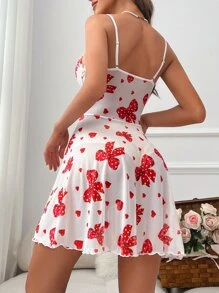 Bow & Polka Dot Print Frill Trim Mesh Cami Nightdress