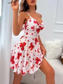 Bow & Polka Dot Print Frill Trim Mesh Cami Nightdress
