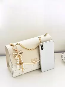 星型圖案蝴蝶結＆假珍珠裝飾鏈式方形肩背包,斜挎包復古,休閒,色彩對比時尚,輕便,攜帶方便,帶有可調節肩帶,適用於女性,新手和白領工人,適合送給女孩作禮物,適合辦公室,工作,商務,通勤,購物 - 彩色 - 查看 5