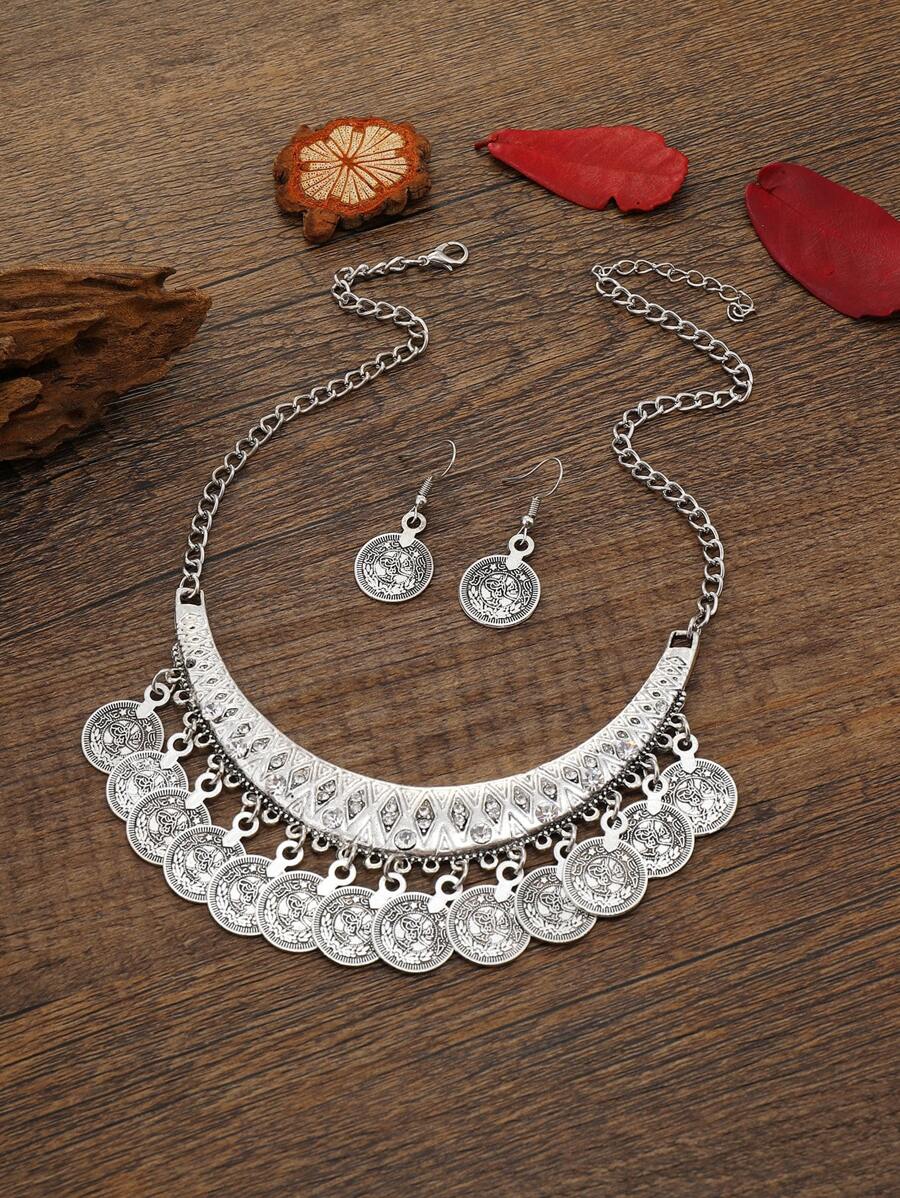 3pcs/Set Versatile Coin Tassel  Style Necklace And Earrings, Punk Style Women's Accessories - Antique Silver - View 1