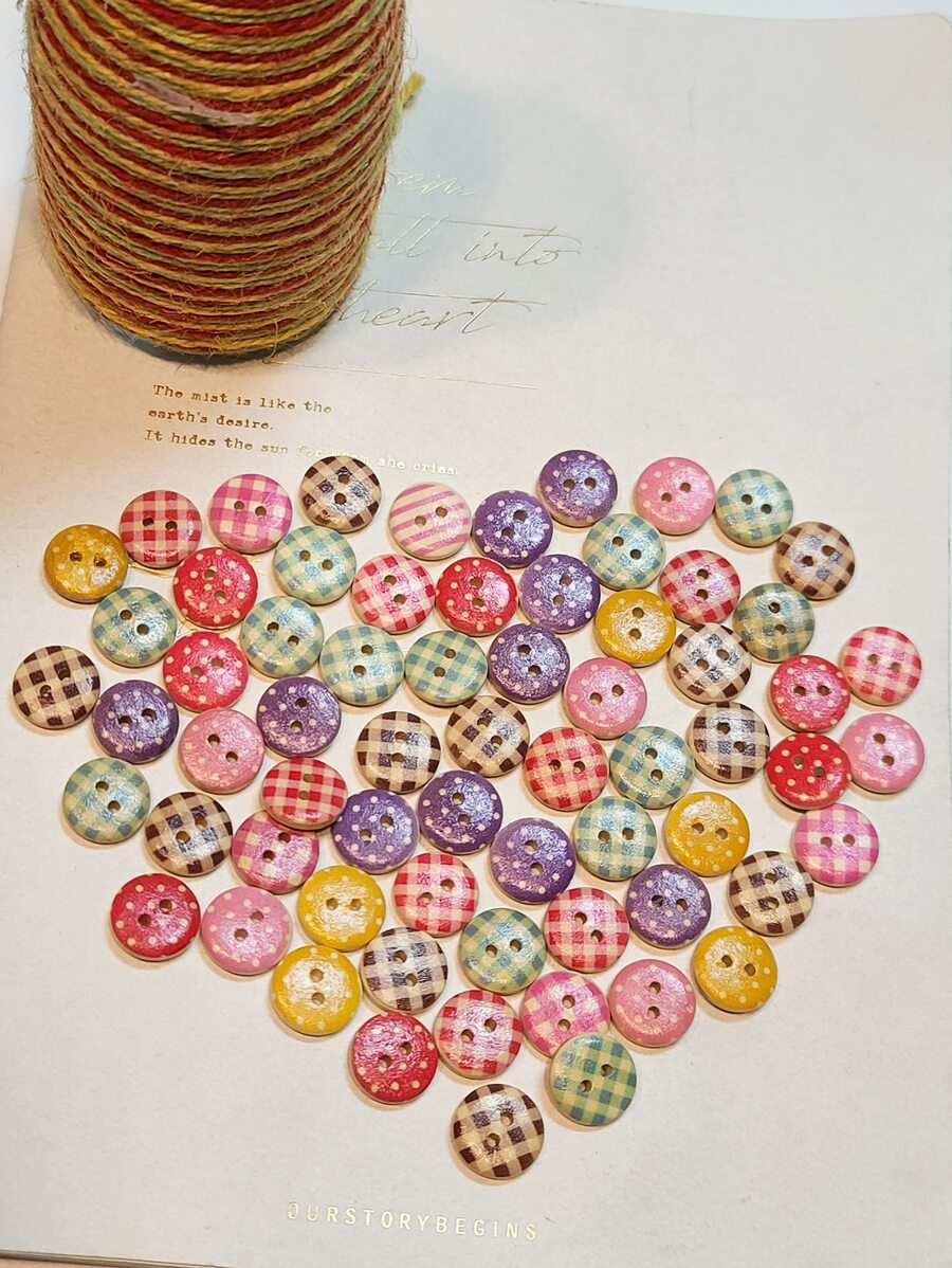 50pcs/set Wooden Button, Gingham Pattern Hand Sewing & Crafts Supply - Multicolor - View 1