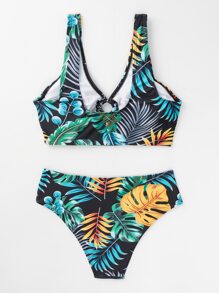 SHEIN Swim Summer Beach Tropical Print Cut Out Bikini Set - Multicolor - View 4