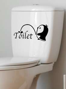1 pieza Decoración para tapa de inodoro con dibujos animados pingüino & con estampado de letra - Negro - Ver 3