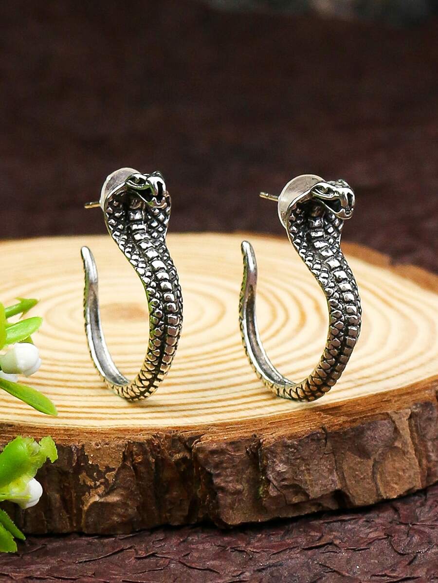 蛇形設計耳環 - 復古銀色 - 查看 1