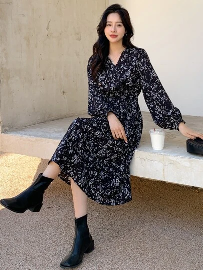 DAZY Ditsy Floral Print Lantern Sleeve Ruffle Hem Dress,Fall Clothes,Back To School Clothes Long Sleeve Dress