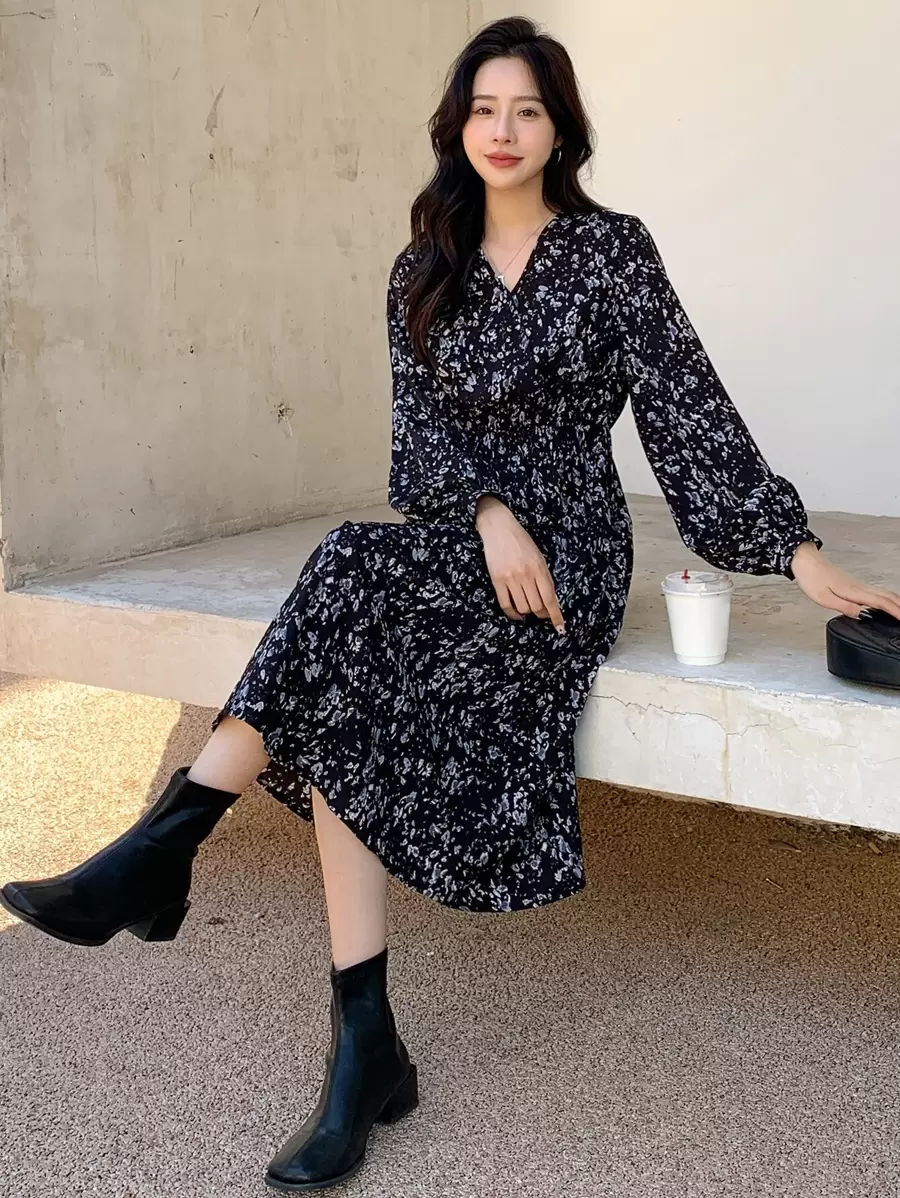 DAZY Ditsy Floral Print Lantern Sleeve Ruffle Hem Dress,Fall Clothes,Back To School Clothes Long Sleeve Dress