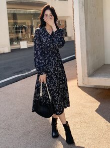 DAZY Ditsy Floral Print Lantern Sleeve Ruffle Hem Dress,Fall Clothes,Back To School Clothes Long Sleeve Dress