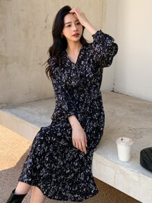 DAZY Ditsy Floral Print Lantern Sleeve Ruffle Hem Dress,Fall Clothes,Back To School Clothes Long Sleeve Dress