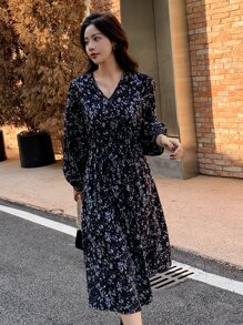 DAZY Ditsy Floral Print Lantern Sleeve Ruffle Hem Dress,Fall Clothes,Back To School Clothes Long Sleeve Dress
