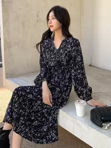 DAZY Ditsy Floral Print Lantern Sleeve Ruffle Hem Dress,Fall Clothes,Back To School Clothes Long Sleeve Dress