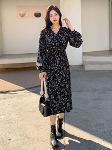 DAZY Ditsy Floral Print Lantern Sleeve Ruffle Hem Dress,Fall Clothes,Back To School Clothes Long Sleeve Dress