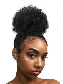 10 吋非洲蓬鬆抽繩馬尾接髮合成短非洲捲髮髮髻女女孩合成蓬鬆髮髻 - 黑色 - 查看 1