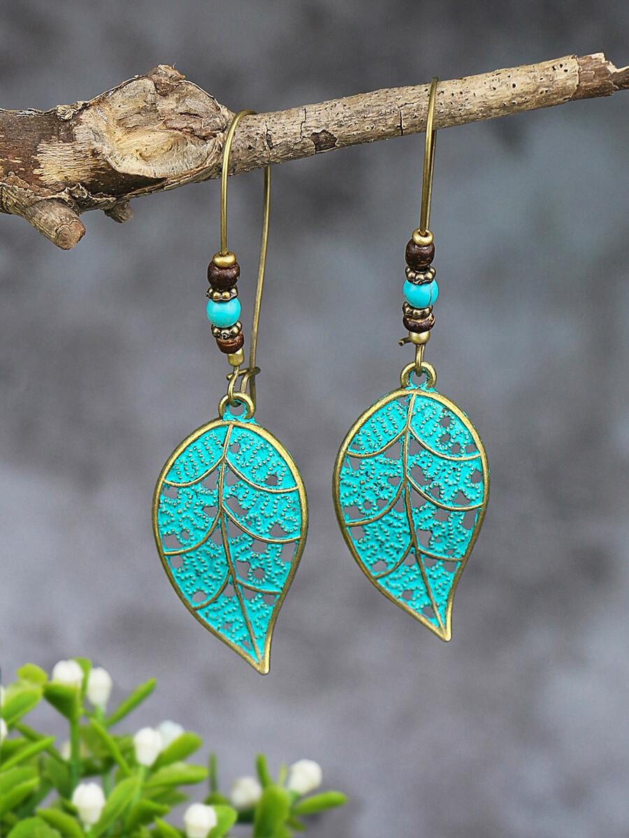 TopHanqi 樹葉耳墜樹葉復古古董青銅樹葉鏤空吊墜大掛耳式女士耳環 - 薄荷藍 - 查看 1