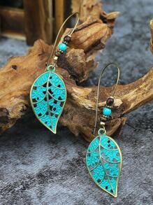 TopHanqi 樹葉耳墜樹葉復古古董青銅樹葉鏤空吊墜大掛耳式女士耳環 - 薄荷藍 - 查看 2