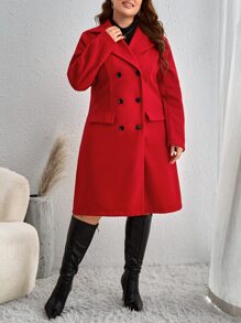 SHEIN Privé Plus Double Breasted Flap Detail Overcoat - Red - View 5
