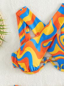 Swim SXY 彩色波浪印花十字交叉鋼圈文胸和高腰下裝2入組泳衣 - 彩色 - 查看 6