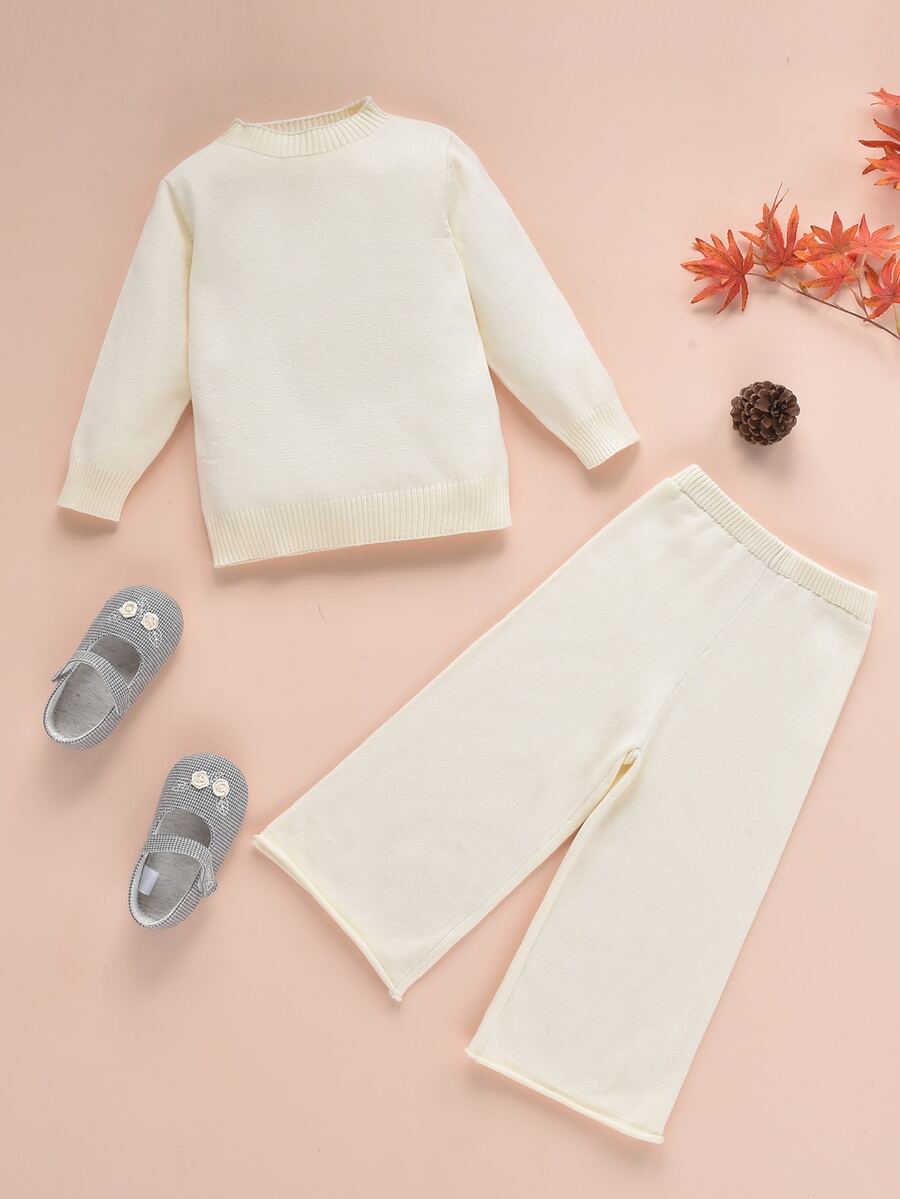 Baby Solid Jumper & Wide Leg Knit Trousers - Beige - View 1