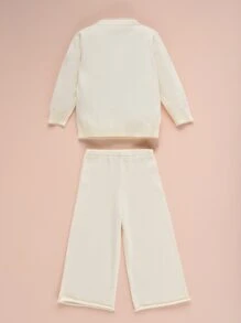 Baby Solid Jumper & Wide Leg Knit Trousers - Beige - View 2