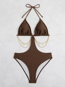 SHEIN Swim Summer Beach Chain Detail Cut Out Halter One-Piece Swimsuit Bathing Suit - Chocolate Brown - View 3
