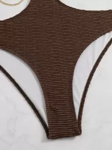 SHEIN Swim Summer Beach Chain Detail Cut Out Halter One-Piece Swimsuit Bathing Suit - Chocolate Brown - View 5