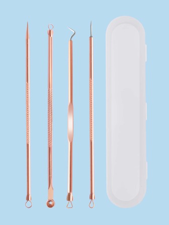 雙頭工具，4入組瑕疵去除套裝，優質不銹鋼，面部皮膚無風險，帶便攜式儲物盒