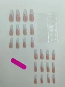 24pcs Long Coffin Glitter Fake Nail & 1pc Nail File & 1sheet Nail Tape - Multicolor - View 2