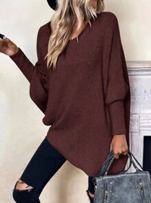 SHEIN LUNE Batwing Sleeve Asymmetrical Hem Jumper - Coffee Brown - View 1