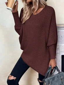 SHEIN LUNE Batwing Sleeve Asymmetrical Hem Jumper - Coffee Brown - View 3