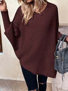 SHEIN LUNE Batwing Sleeve Asymmetrical Hem Jumper - Coffee Brown - View 5