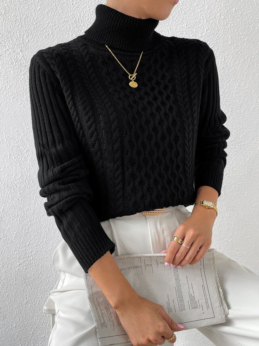 SHEIN Essnce Jersey tejido de cable cuello alto - Negro - Ver 1