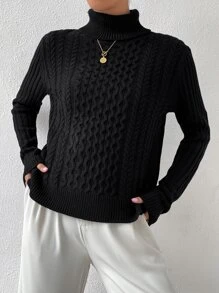 SHEIN Essnce Jersey tejido de cable cuello alto - Negro - Ver 3