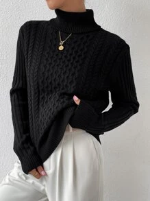 SHEIN Essnce Jersey tejido de cable cuello alto - Negro - Ver 5