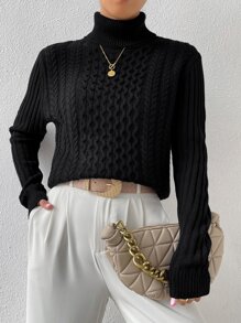 SHEIN Essnce Jersey tejido de cable cuello alto - Negro - Ver 6