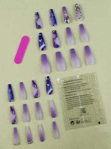 使用24入組長棺材紫色漸變塗抹啞光萊茵石裝飾假指甲和1張膠帶和1入組指甲銼立即升級您造型 - 彩色 - 查看 2