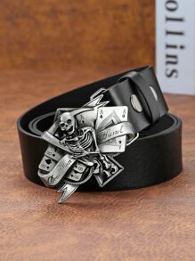 Men Playing Card & Skeleton Buckle Belt - Black - View 1