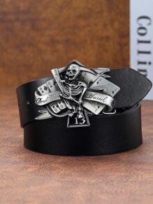 Men Playing Card & Skeleton Buckle Belt - Black - View 2