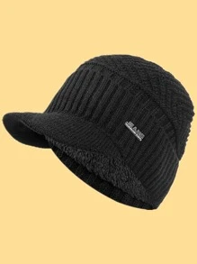 Men Letter Decor Plush Lined Hat - Black - View 1