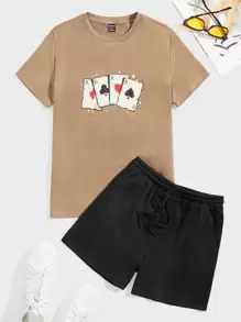 Manfinity RebelGame 男士撲克牌圖案T恤和腰部抽繩短褲 - 彩色 - 查看 1
