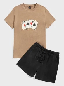 Manfinity RebelGame 男士撲克牌圖案T恤和腰部抽繩短褲 - 彩色 - 查看 3